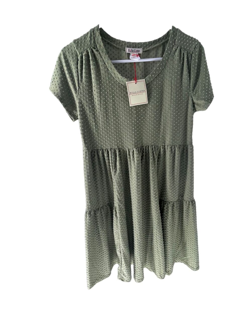 NWT Rolla Coster Olive Green Jacquard Dot Mini Short Sleeve Dress Women's Large